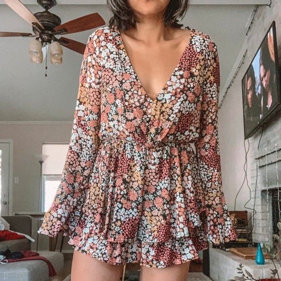 New 70s Boho Floral Print Chiffon Romper Dress - Picture 1 of 5